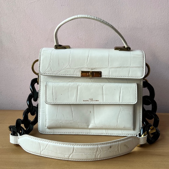 MARC JACOBS UPTOWN CROC EMBOSSED WHITE LEATHER BAG BLACK CHAIN SHOULDER STRAP